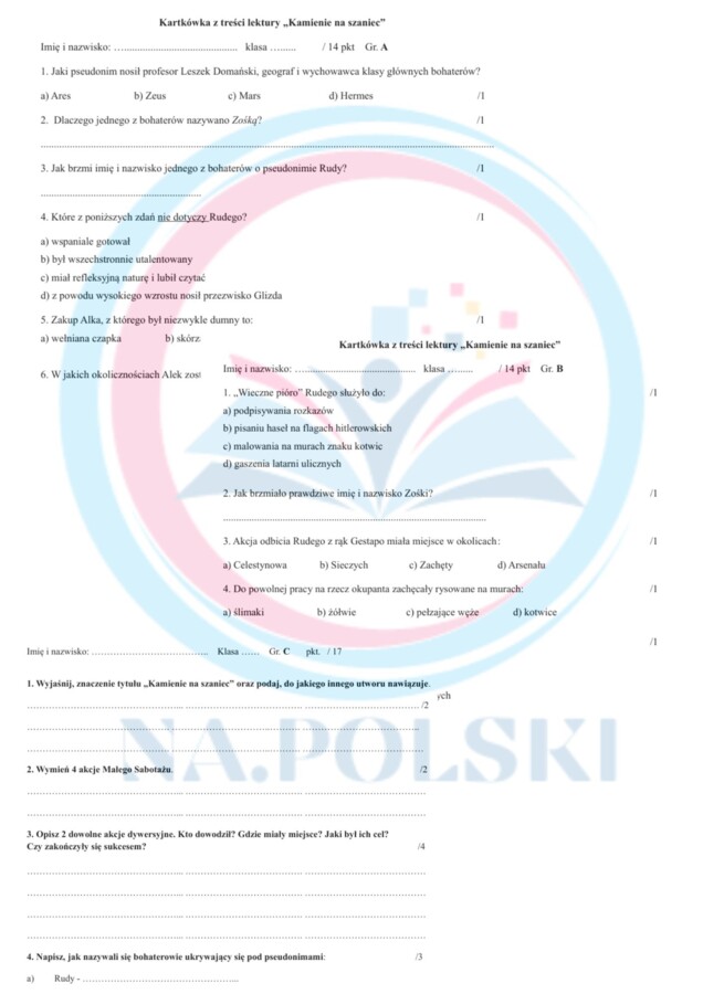 "Kamienie na szaniec" - kartkówka w trzech wersjach