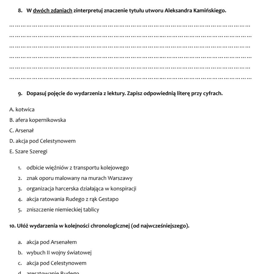 "Kamienie na szaniec" - sprawdzian po omówieniu lektury (3 wersje)