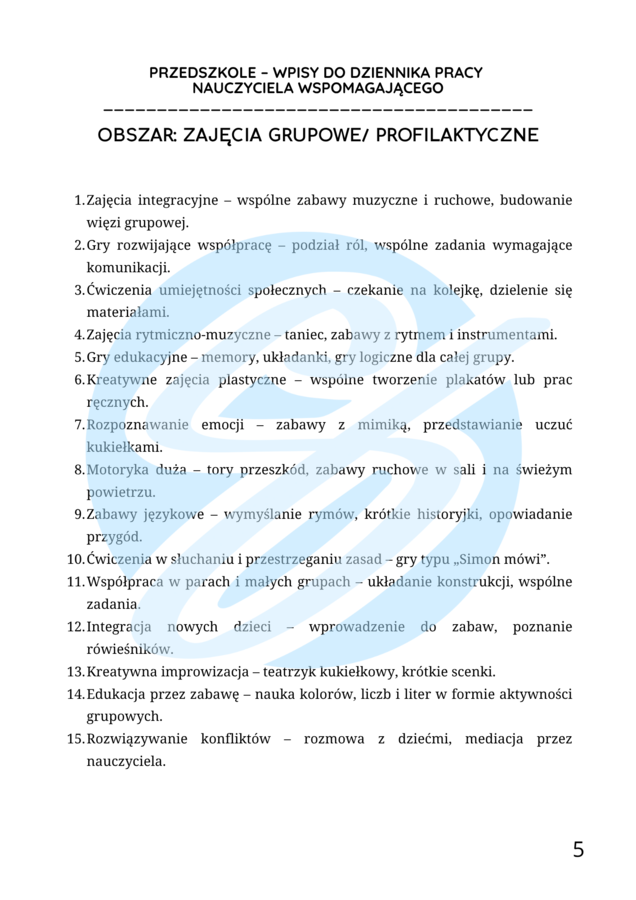 Nauczyciel wspomagający w przedszkolu – przykładowe wpisy do dziennika