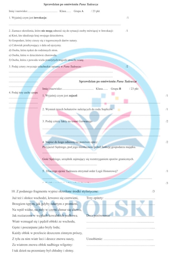 Sprawdzian po omówieniu Pana Tadeusza