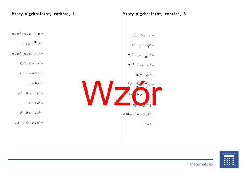 Wzory algebraiczne, rozkład | matematyka, algebra | 26 kolumn