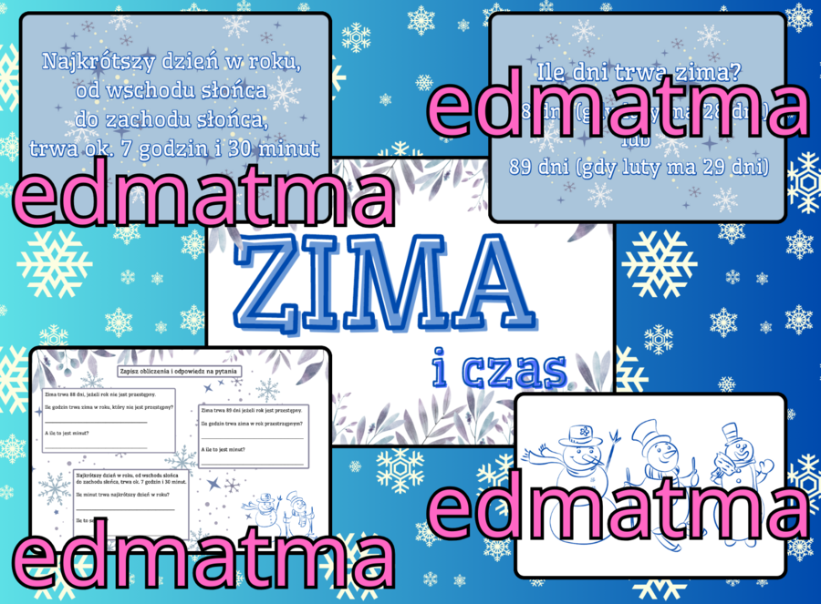 Zima i czas - gazetka szkolna + karta pracy. Matematyka