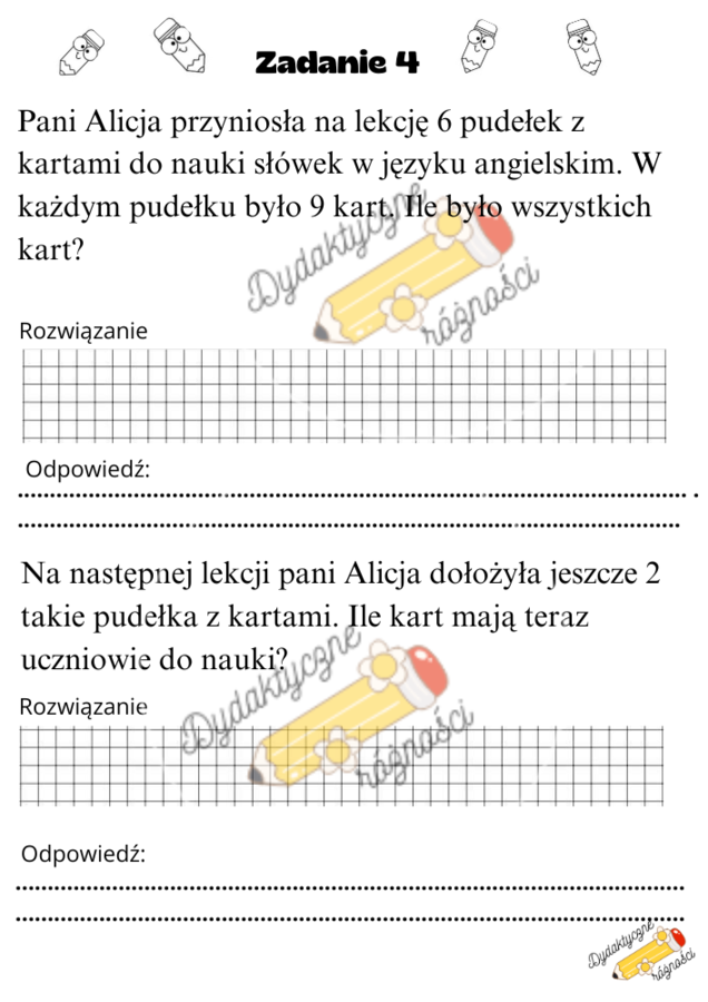 Mnożenie w zakresie 100. Zadania z treścią dwuczłonowe.