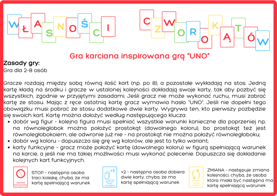 Gra karciana - własności czworokątów (inspirowana UNO)