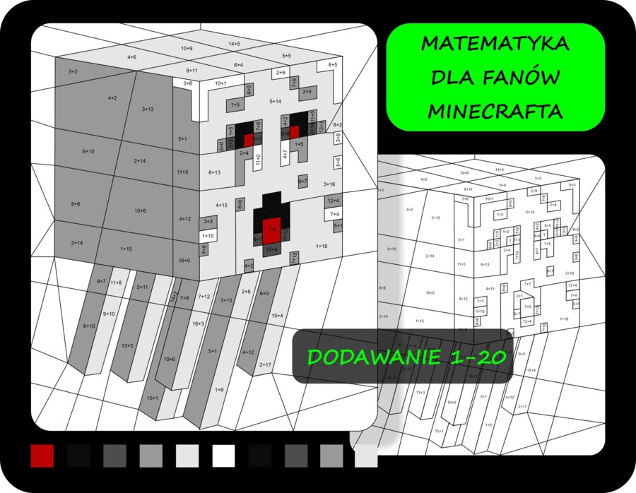 Kolorowanka według wyników dodawania, dodawanie 1-20, Minecraft, matematyka dla fanów Minecrafta