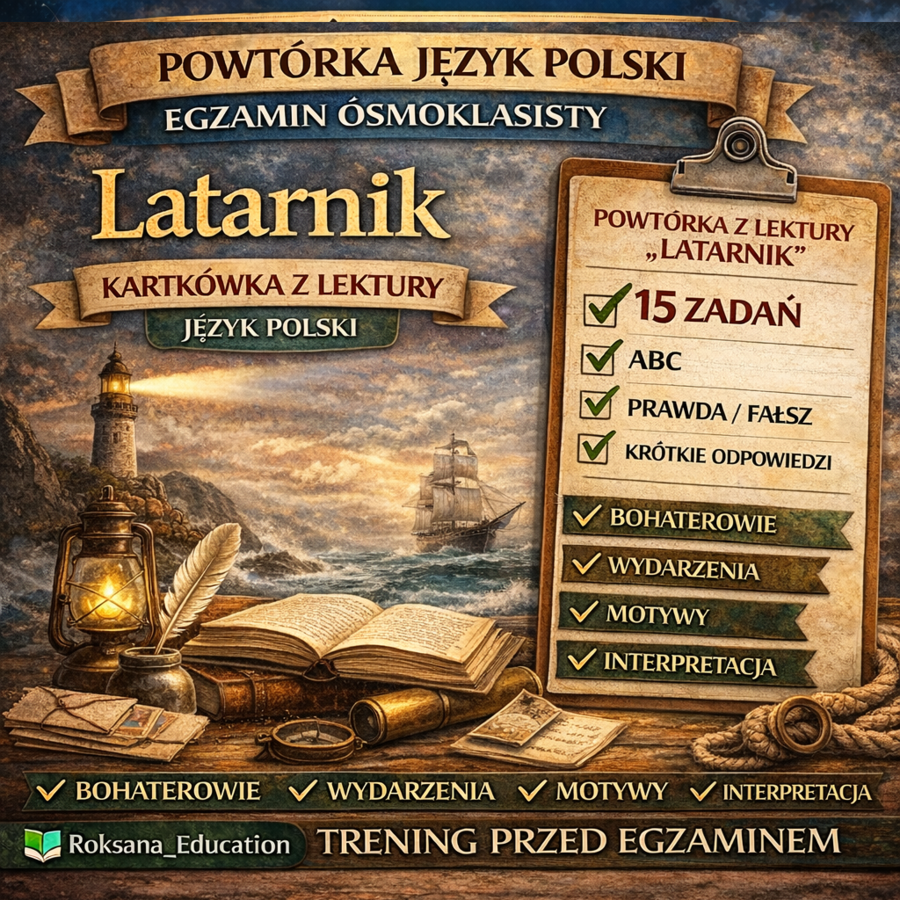📚 „Latarnik” – kartkówka z lektury | powtórka przed egzaminem ósmoklasisty (15 zadań)