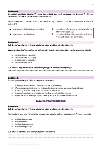Karta pracy - części zdania, rodzaje zdań