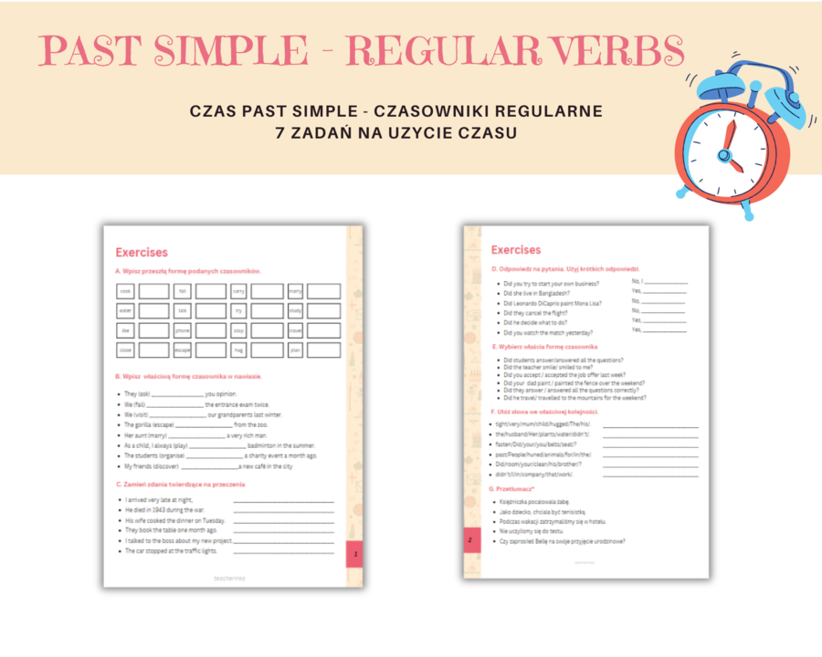 Past Simple - Regular Verbs - karta pracy na wprowadzenie do czasu przeszłego, czasowniki regularne, pytania, przeczenia, zdania twierdzące, krótkie odpowiedzizadania, ćwiczenia