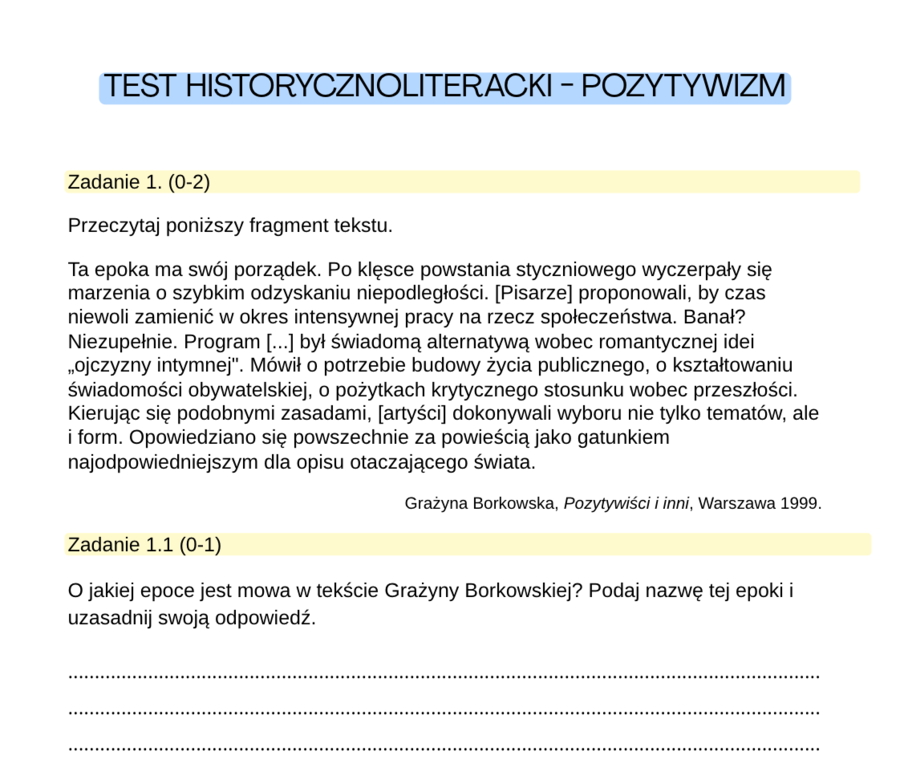 Test historycznoliteracki- Pozytywizm (z odpowiedziami)