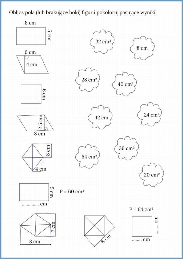 Pole prostokąta, kwadratu, równoległoboku i rombu - karta pracy
