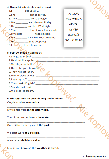 Karta pracy - Present Simple A1/A2