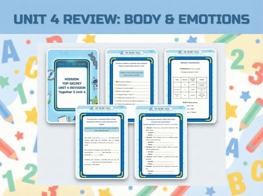 Crazy Monster Lab: Gamifikowana Powtórka – Together 5 (Unit 4). Ciało, Emocje, Present Continuous + Gramatyka