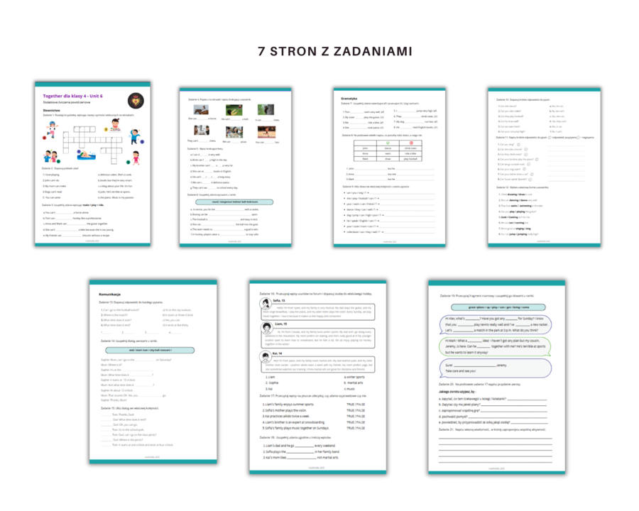 Together dla klasy 4 Unit 6 Dodatkowe materiały, Gramatyka, Słownictwo, Komunikacja, Karty pracy, ćwiczenia, zadania, nazwy umiejętności, czasownik can