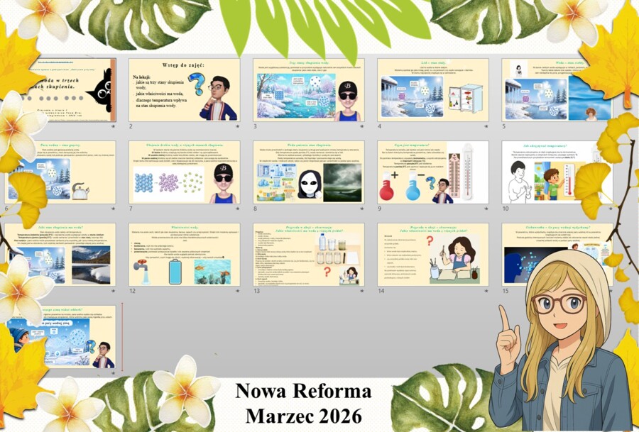 Prezentacja multimedialna w PowerPoint do edycji „Woda w trzech stanach skupienia” wykonana na podstawie podręcznika „Przyroda” Nowa Era. Przyroda 4. Dział „Obserwuję zjawiska przyrodnicze".