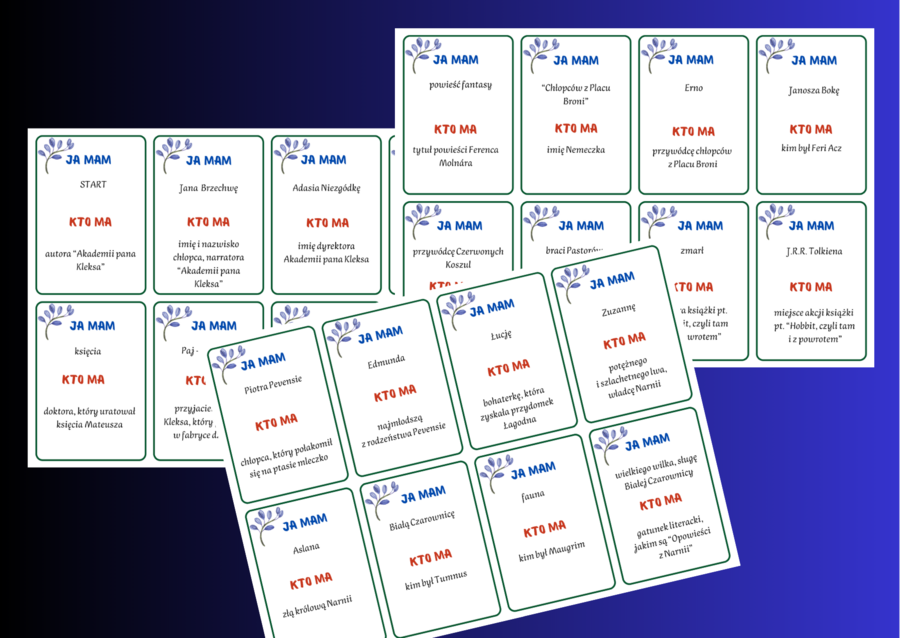 Gra – Ja mam… Kto ma…? – LEKTURY – klasy 4-6 – EGZAMIN – powtórka – 56 szt.