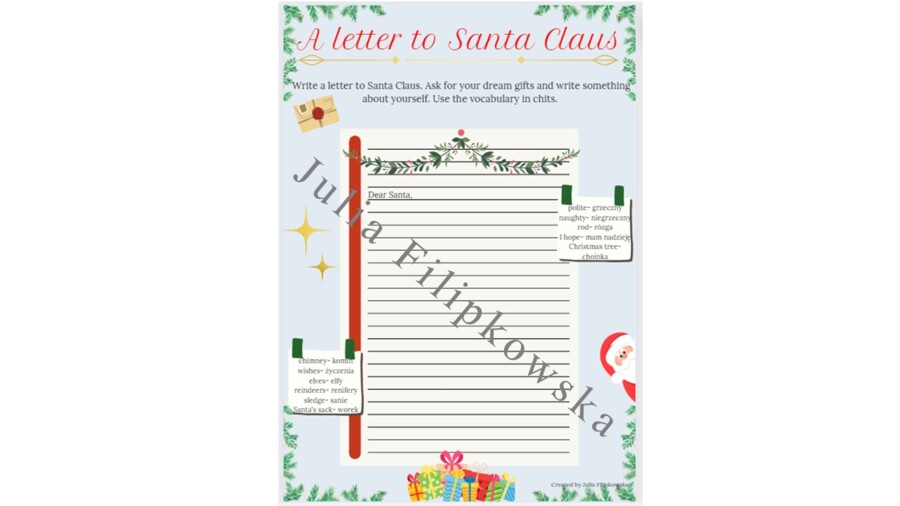 List do Świętego Mikołaja/ Boże Narodzenie/ Praca Domowa/ Christmas/ Warm-up/ Rozgrzewka/ Klasy 4-6/ A letter to Santa Claus