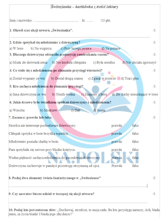 Świtezianka - kartkówka z treści lektury