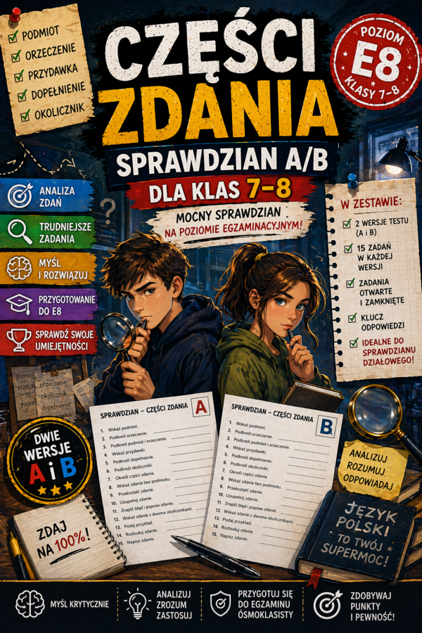 Części zdania – sprawdzian kl. 7–8 | wersja A i B + klucz odpowiedzi | poziom E8
