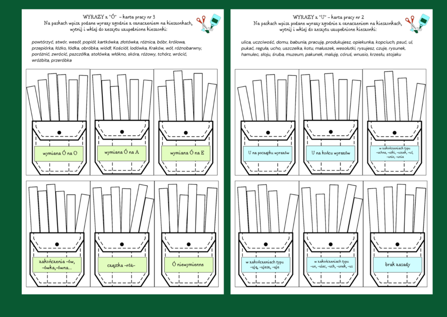 ORTOGRAFIA - ZESTAW - wyrazy z "Ó" i "U" - zasady - wklejka - karta pracy - 6 wersji + odpowiedzi