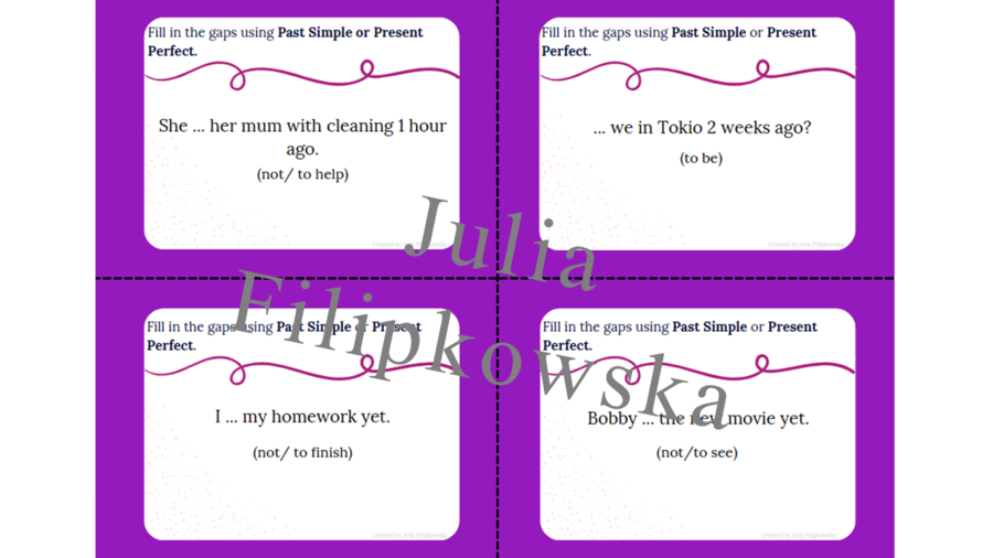 Past Simple vs Present Perfect/ Karty do mówienia/ Mówienie/ Speaking/ Zestaw/ Pakiet/ Klasy 4-8/ Klasa 7/ Klasy 6-8/ SP/ Warm-up/ Rozgrzewka/ Gramatyka/ Grammar/ Grammar cards/ Grammar cards/ E8