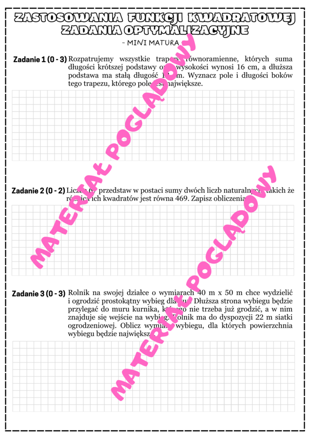 Mini matura - zastosowania funkcji kwadratowej. Zadania optymalizacyjne.