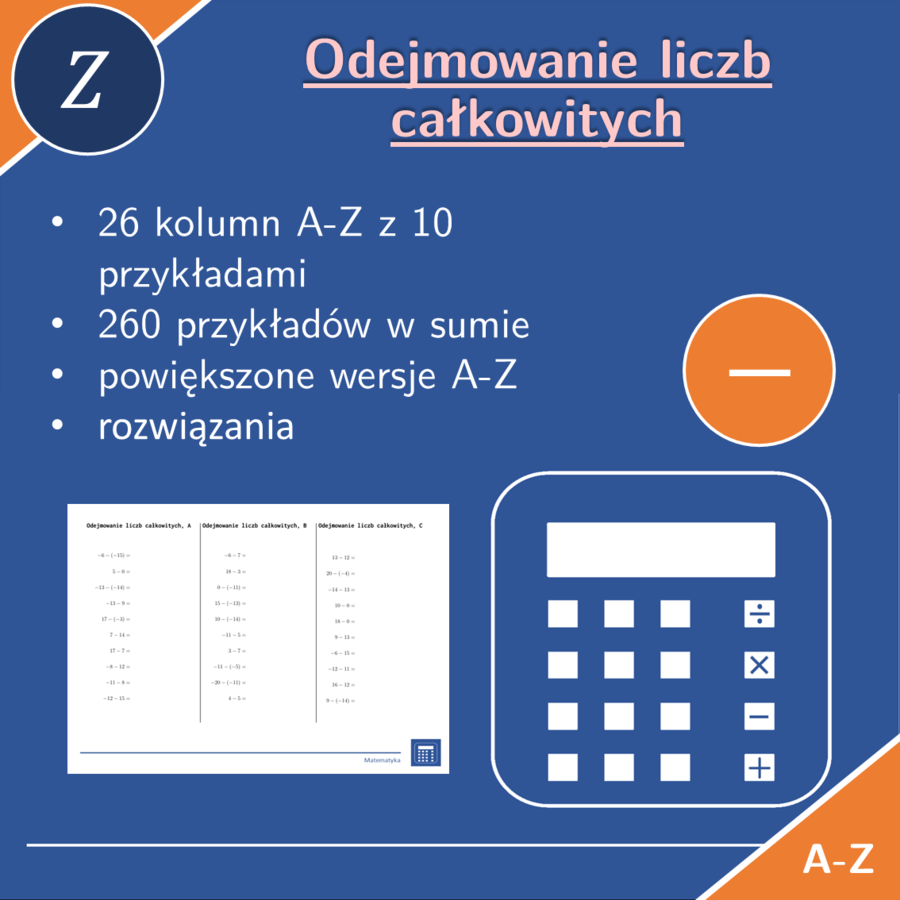 Odejmowanie liczb całkowitych | matematyka | 26 kolumn