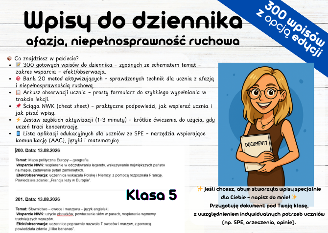 Wpisy do dziennika - Niepełnosprawność ruchowa, afazja, klasa 5, Nauczyciel współorganizujący (NWK)