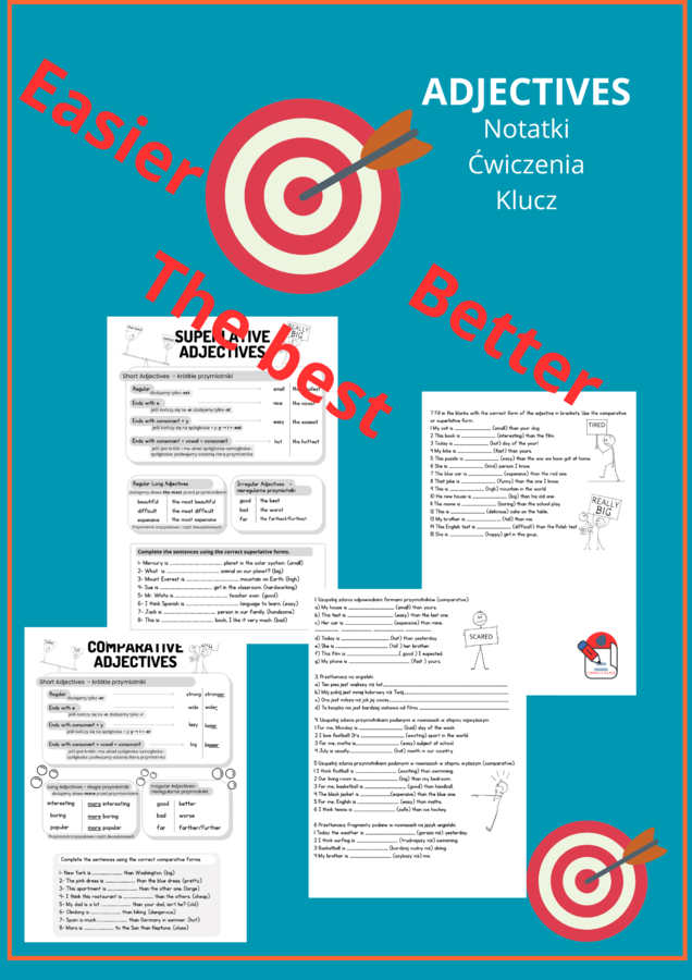 ADJECTIVES- COMPERATIVES & SUPERLATIVES- notatki, ćwiczenia, klucz dla SP