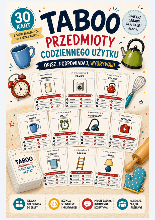 Karty taboo "Przedmioty codziennego użytku"  - wersja klasyczna.