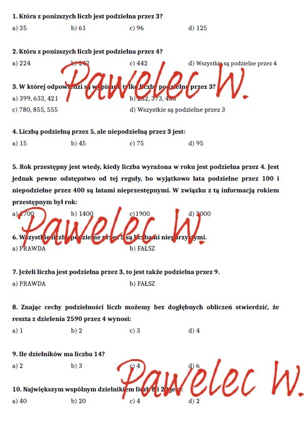 PODZIELNOŚĆ LICZB - test, kartkówka, kl. 5, 6