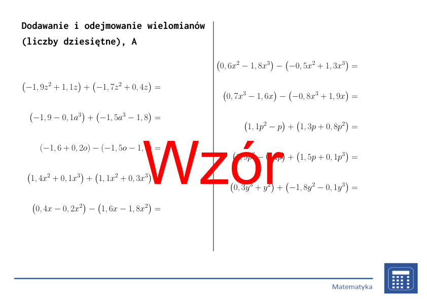 Dodawanie i odejmowanie wielomianów (liczby dziesiętne) | matematyka, algebra | 26 kolumn