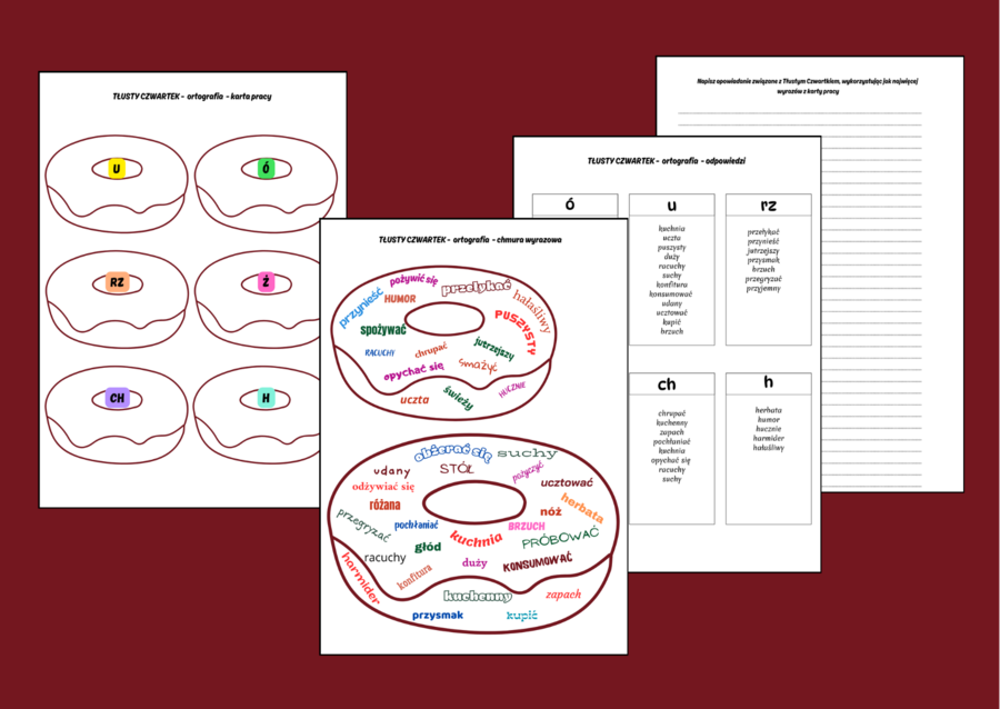 TŁUSTY CZWARTEK – CHMURA WYRAZOWA - ORTOGRAFIA – karta pracy – opowiadanie – wklejka + ODPOWIEDZI