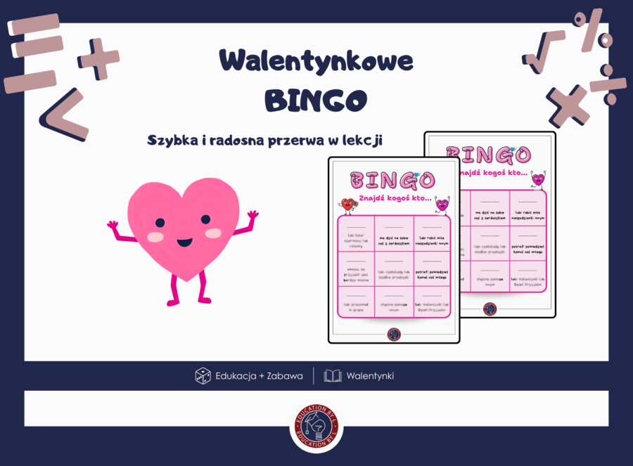 Walentynkowe Bingo – Błyskawiczna gra na lekcję! | 9 pól | Do druku | Walentynki