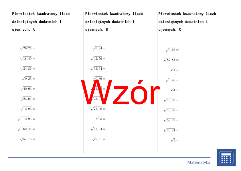 Pierwiastek kwadratowy liczb dziesiętnych dodatnich i ujemnych | matematyka | 26 kolumn