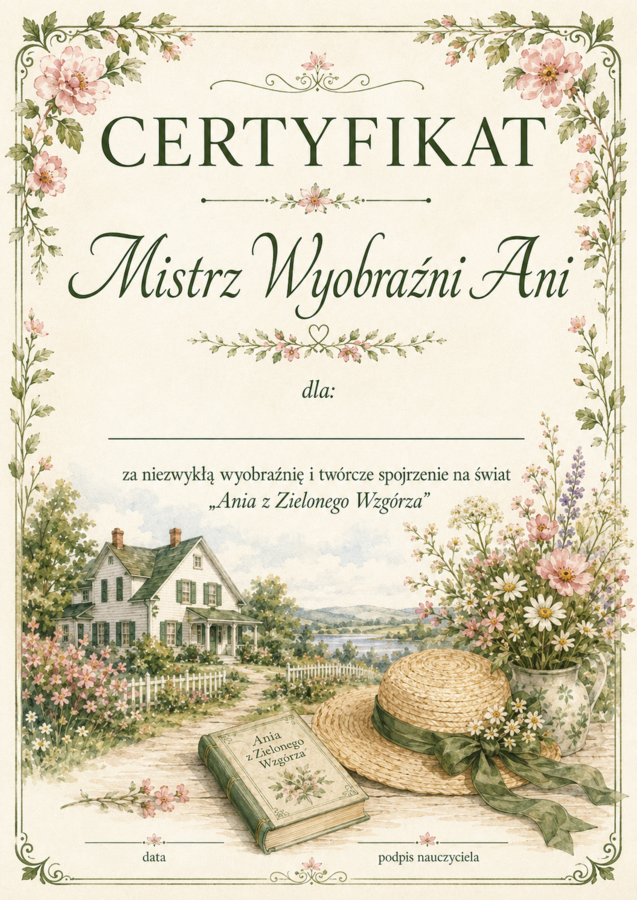 Certyfikaty/ Dyplomy inspirowane lekturą "Ania z Zielonego wzgórza" kolorowe