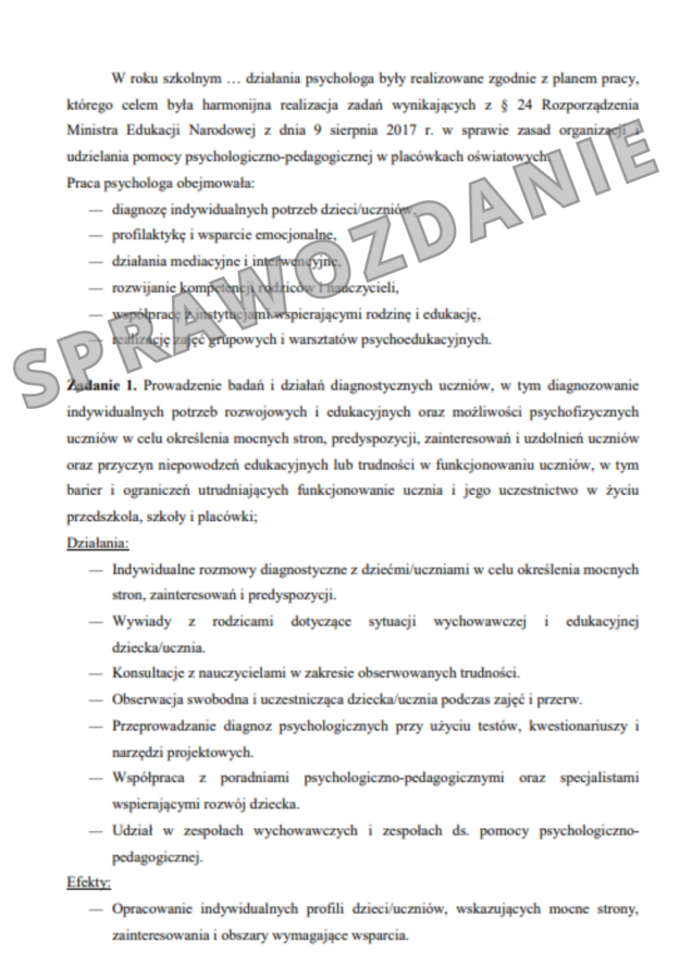 Plan pracy psychologa, przykładowe wpisy do dziennika, wzorcowe sprawozdanie