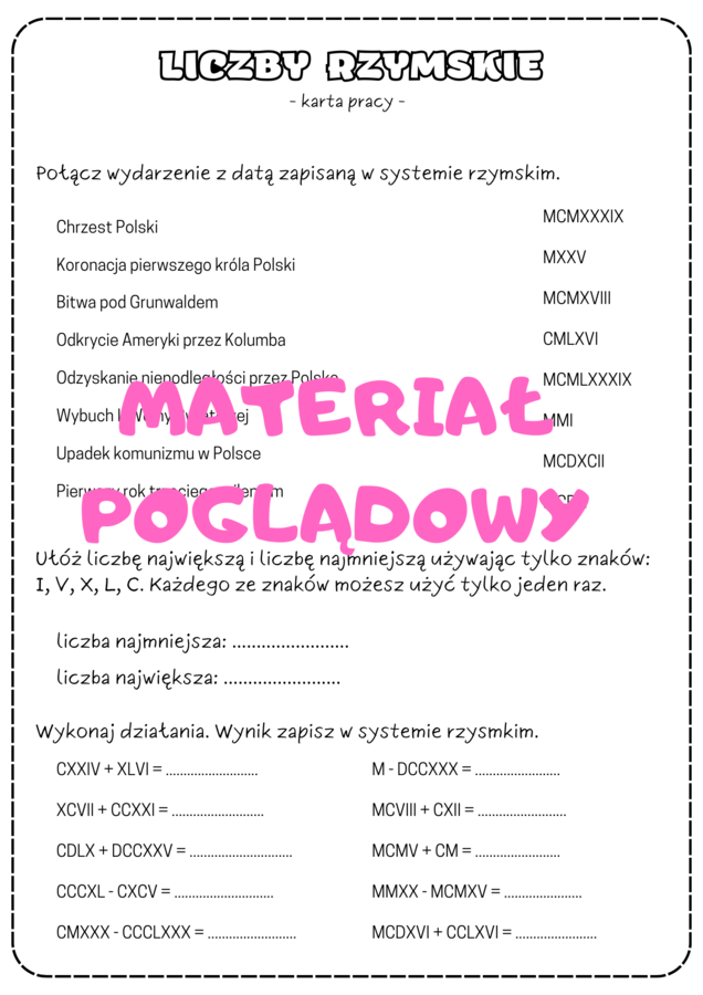 Liczby rzymskie - karta pracy. Egzamin ósmoklasisty.
