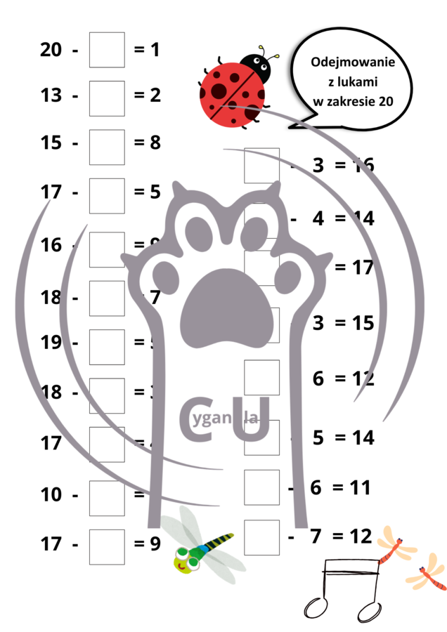 Dodawanie i odejmowanie z lukami KARTY PRACY