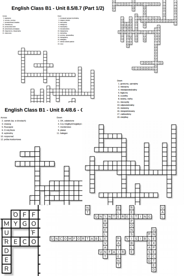 English Class B1 – Unit 8 – krzyżówki – Przestępcy_Prawo_Czasowniki wyrażające czynności/Rozwiązywanie spraw kryminalnych/Out of class/8.5_8.7