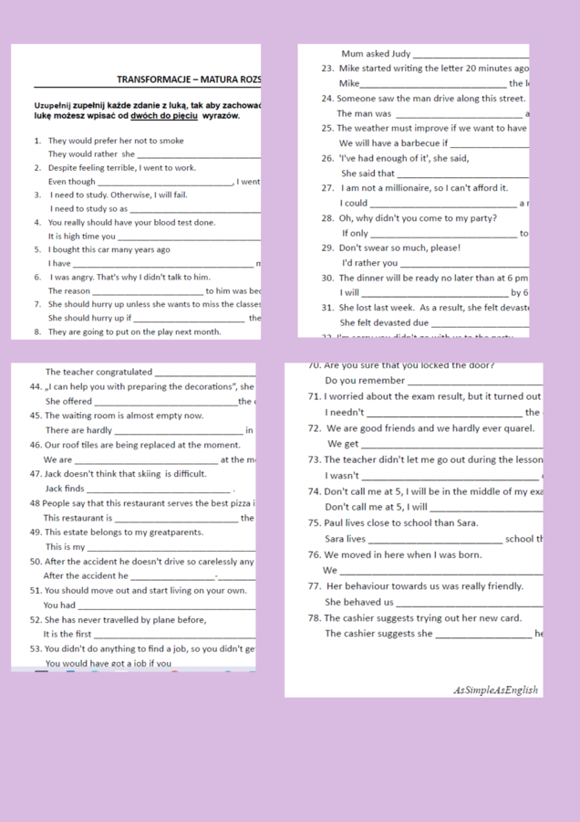 Gramatyka języka angielskiego - transformacje.  Matura rozszerzona.