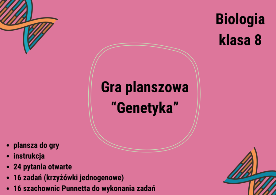 Klasa 8. Biologia. Genetyka. Gra planszowa. Pytania otwarte. Zadania - krzyżówki genetyczne. Karta odpowiedzi. Szachownica Punnetta