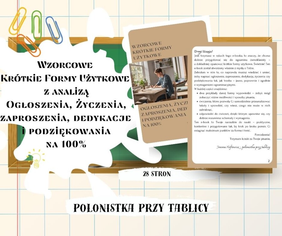 Wzorcowe krótkie formy użytkowe z analizą kolorystyczną ogłoszenie, życzenia, zaproszenie, dedykacja i podziękowanie na 100%