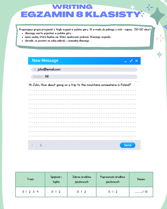 Writing Egzamin 8-klasisty, zadania do pisania wraz z tabelą oceniania.