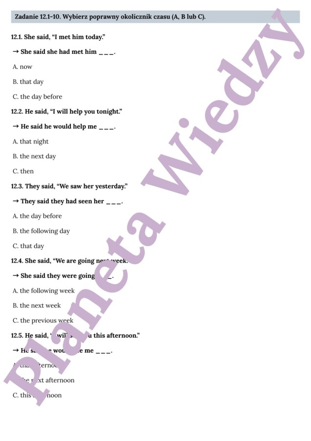 MOWA ZALEŻNA - E8– Zbiór zadań do egzaminu ósmoklasisty z języka angielskiego. Poziom A2/A2+ – 20 STRN ZADAŃ, zamiana zdań na mowę zależna, poprawna składnia, zmiany czasów, wypełnianie luk w tekście, tworzenie własnych zdań i historii + ODPOWIEDZI