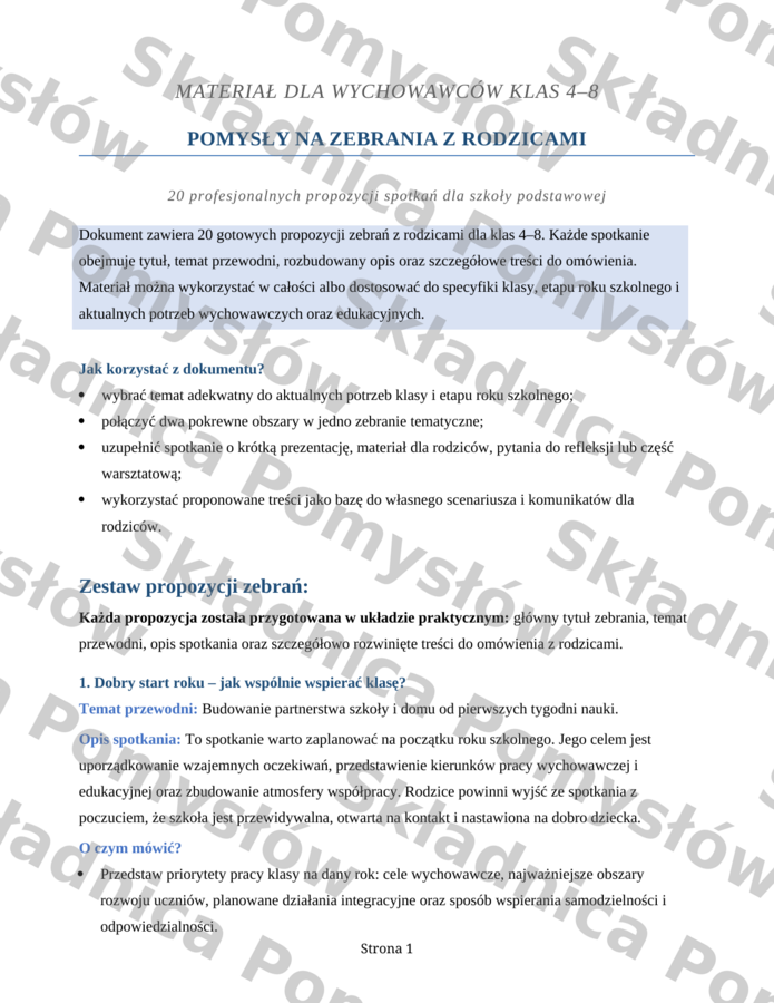 ZEBRANIE Z RODZICAMI - 20 gotowych propozycji dla klas 4–8 (plik edytowalny); wychowawca; dokumentacja wychowawcy; pomysły na zebrania z rodzicami