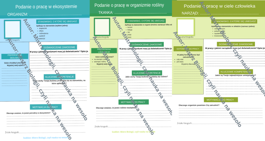 Zestaw biologicznych podań o pracę (rośliny, narządy, ekologia)