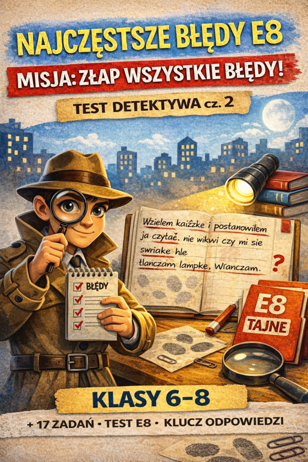 Najczęstsze błędy E8 – test detektywa cz. 2 (17 zadań + odpowiedzi, kl. 6–8)