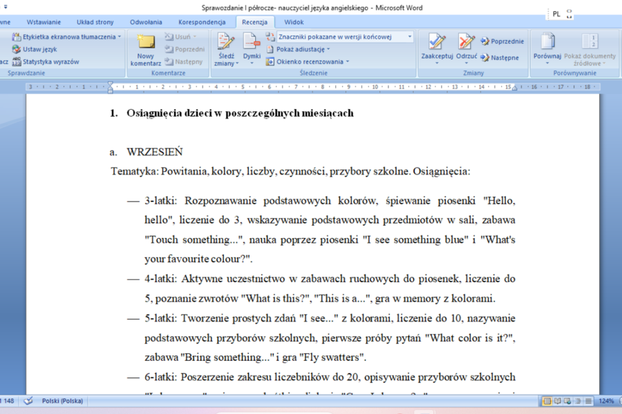 Sprawozdanie nauczyciela języka angielskiego za I półrocze pracy w przedszkolu
