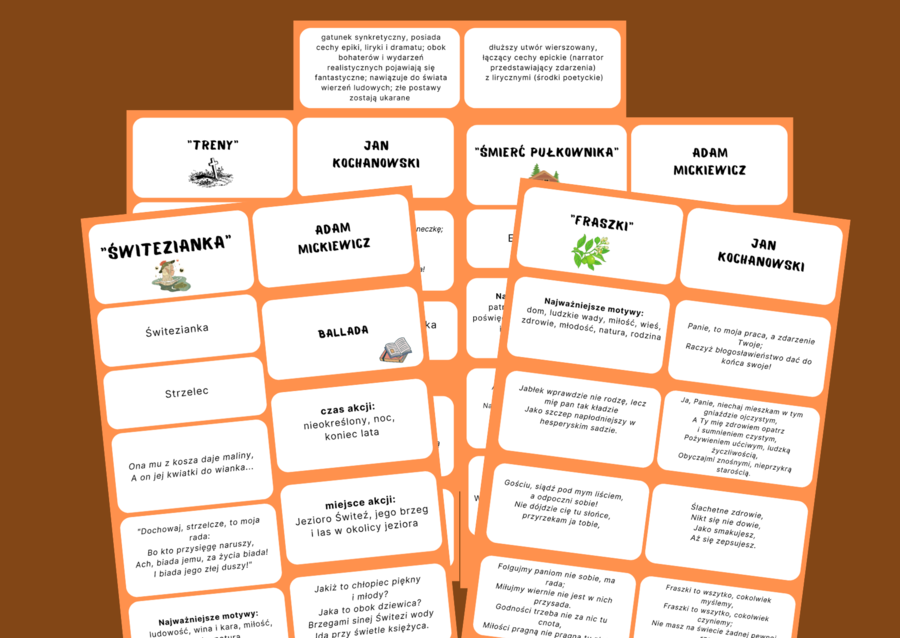 LIRYKA I GATUNKI MIESZANE - lektury z kl. 7-8 - fiszki - egzamin - powtórzenie