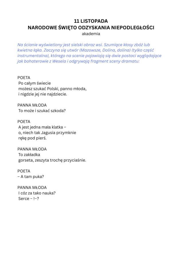 Scenariusz przedstawienia z okazji Narodowego Święta Odzyskania Niepodległości